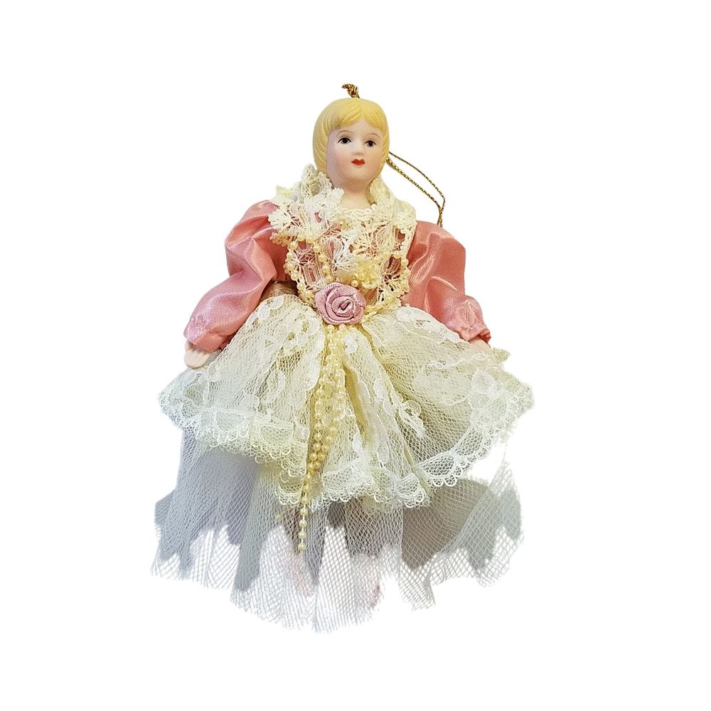 Vintage Fortunoff’s Porcelain Victorian Ballerina Doll Ornament Pink Beige 7.50”